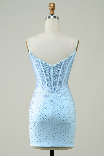 Stylish Sheath Spaghetti Straps Blue Short Homecoming Dress with Beading